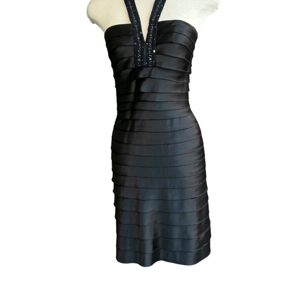 BCBGMaxAzria Black Satin Tiered Beaded Halter Cocktail Dress Size 6 - Picture 4 of 13